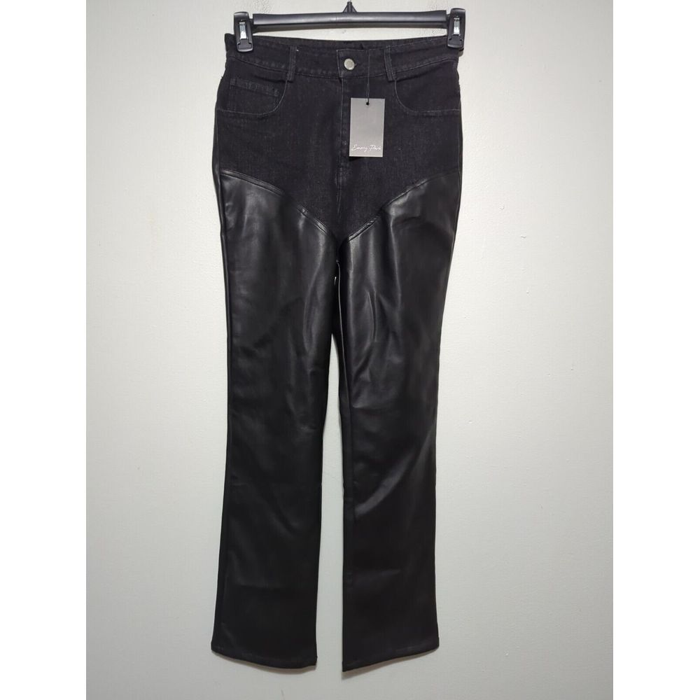 Emory Park Black Denim Faux Leather‎ Mixed Media Western Yoke Pants Small NWT